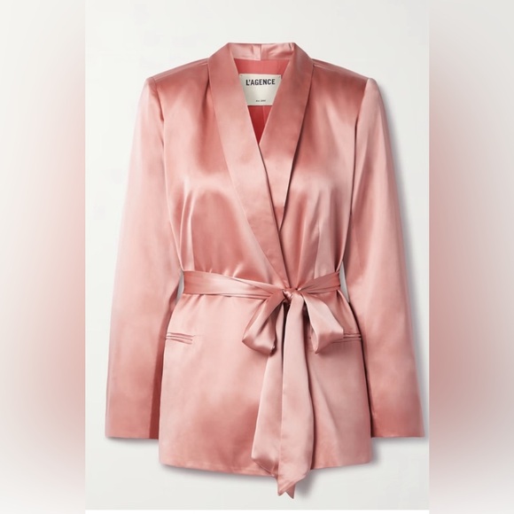NEW L’AGENCE Everly Wrap Shawl Blazer 100% Silk Rose Tan L - Picture 2 of 9